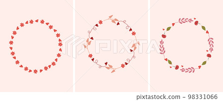 Set of minimalistic wreaths with bright flowers, leaves, hearts and space for your text. The concept of love, holidays. Composition for greeting cards, posters, banners. Vector Set of minimalistic wreaths with bright flowers, leaves, hearts and space for your text. The concept of love, holidays. Composition for greeting cards, posters, banners. Vector 98331066