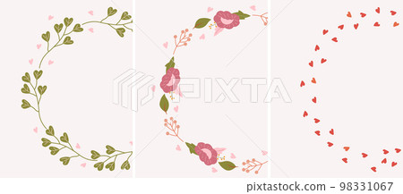 Minimalistic, beautiful greeting cards with wreaths of flowers, leaves. Bright illustrations for greeting cards, invitations to weddings, birthdays and others. Vector 98331067