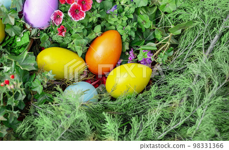 Large multicolored wooden eggs lie on a flower bed, among juniper branches, top view. Large multicolored wooden eggs lie on a flower bed, among juniper branches, top view. 98331366