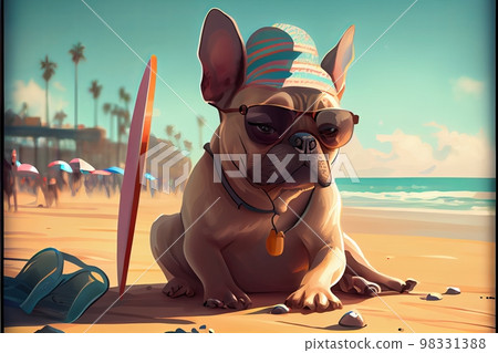 Cute brown French bulldog in panama hat, sits on the beach, in summer Cute brown French bulldog in panama hat, sits on the beach, in summer 98331388