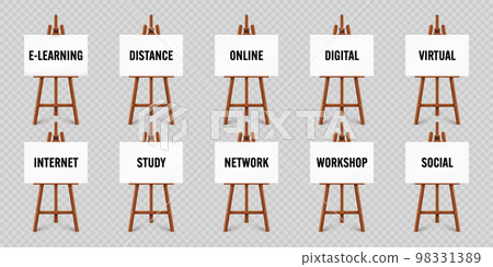 Realistic paint desk with text on white canvas. Wooden easel and a sheet of drawing paper. Presentation board on a tripod. Online studying, e-learning and education, web tutorial. Vector illustration Realistic paint desk with text on white canvas. Wooden easel and a sheet of drawing paper. Presentation board on a tripod. Online studying, e-learning and education, web tutorial. Vector illustration 98331389