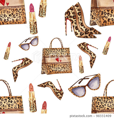 Seamless pattern with leopard print fashion elements for textile design. Toe bag, heeled shoes, lipstick, sunglasses. Watercolor elements. 98331409