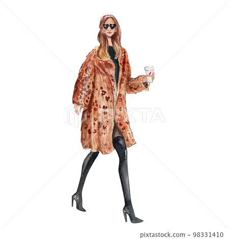 Watercolor fashion illustration. Girl in a leopard print fur coat. Fashion accessory with leopard print. Watercolor fashion illustration. Girl in a leopard print fur coat. Fashion accessory with leopard print. 98331410