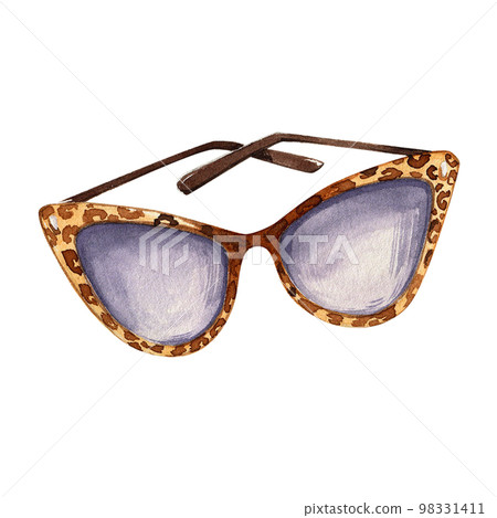 Watercolor fashion illustration. Retro style sunglasses. Fashion accessory with leopard print. Watercolor fashion illustration. Retro style sunglasses. Fashion accessory with leopard print. 98331411