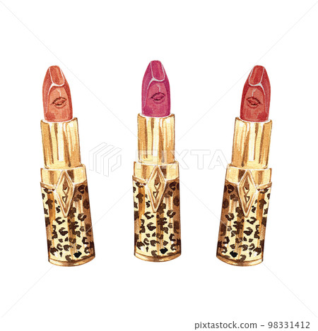 Watercolor fashion beauty illustration of red lipstick. Beauty accessory in gold packaging. Cosmetics. Watercolor fashion beauty illustration of red lipstick. Beauty accessory in gold packaging. Cosmetics. 98331412