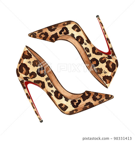 Watercolor handmade fashion illustration heeled shoes. Leopard print shoes. Accessory. 98331413