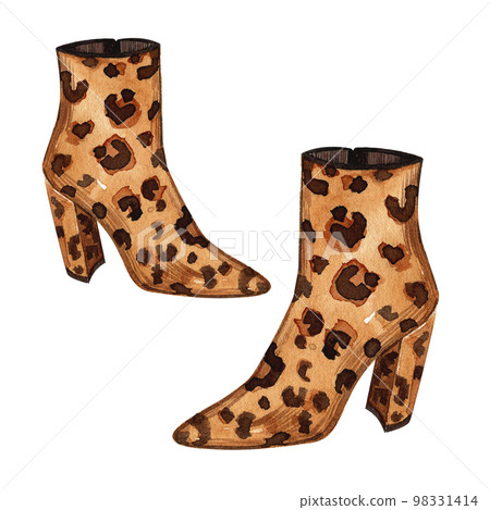 Watercolor handmade fashion illustration heeled shoes. Leopard print shoes. Accessory. Watercolor handmade fashion illustration heeled shoes. Leopard print shoes. Accessory. 98331414