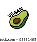 vegan sign avocado doodle icon, vector color line illustration 98331495