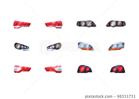 Car headlights set. Front and back lights, car detail cartoon vector illustration 98331731