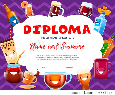 Sommelier and taster diploma. Cartoon drinks and beverage characters. Vector certificate with cute tea, coffee, beer and wine, tequila, pulque and cocktail or bubble tea mug and bottle personages 98331742