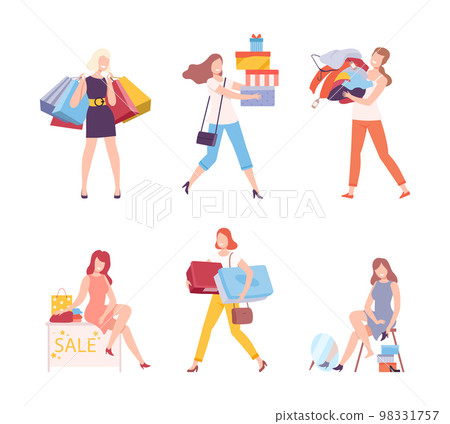 Set of women taking part in seasonal sale. Girls carrying shopping bags and boxes. Black Friday sale event flat vector illustration Set of women taking part in seasonal sale. Girls carrying shopping bags and boxes. Black Friday sale event flat vector illustration 98331757