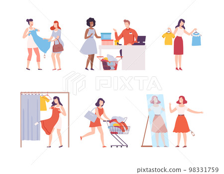 Women trying on and buying clothes at store set. Girls taking part in seasonal sale. Black Friday sale event flat vector illustration 98331759