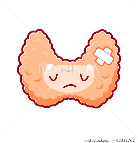 Cartoon sick thyroid organ character. Human body disease and medical diagnosis or endocrine system internal organ health problem, unhealthy or injured thyroid isolated vector sad personage 98331768