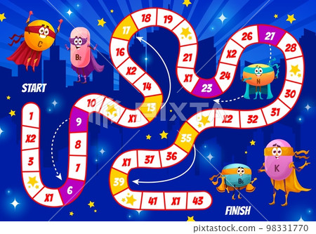 Kids board game. Cartoon superhero micronutrient vitamin characters. Children boardgame, roll and move playing activity or dice game vector worksheet with C, B2, N and B5, K vitamins hero personages 98331770