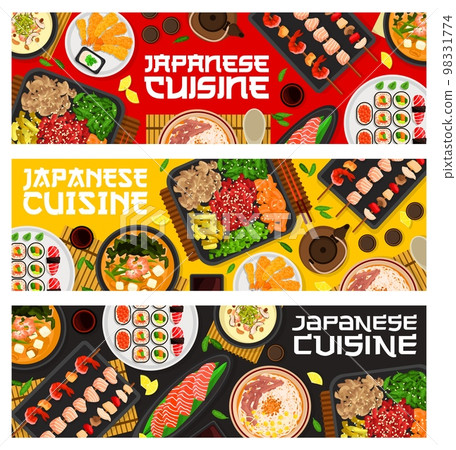 Japanese cuisine meals banners, Asian food dishes and traditional meals, vector. Japan cuisine sushi, seafood kushiyaki and sashimi from salmon, beef teriyaki noodles and shiitake miso soup 98331774