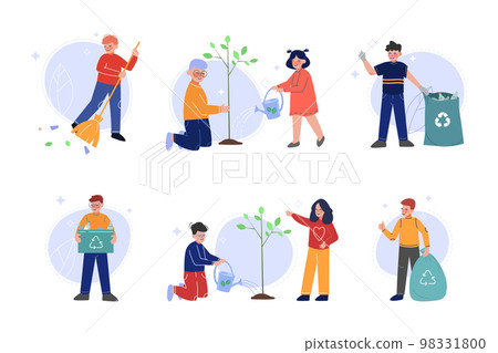 Children volunteers gathering waste for recycling and watering plant set. Nature and ecology protection cartoon vector illustration 98331800