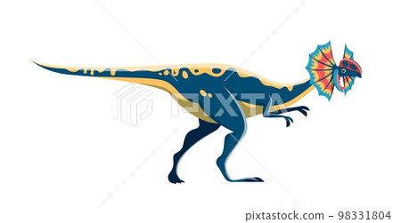 Cartoon Dilophosaurus dinosaur character. Extinct reptile, Jurassic era isolated lizard with colorful neck frill. Paleontology animal, ancient wildlife carnivorous dinosaur vector funny personage 98331804