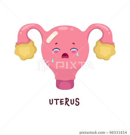 Uterus sick body organ character. Injured and unhealthy organ cartoon vector crying personage. Human body disease or damage, woman reproductive system internal organ health problem, medical diagnosis Uterus sick body organ character. Injured and unhealthy organ cartoon vector crying personage. Human body disease or damage, woman reproductive system internal organ health problem, medical diagnosis 98331814