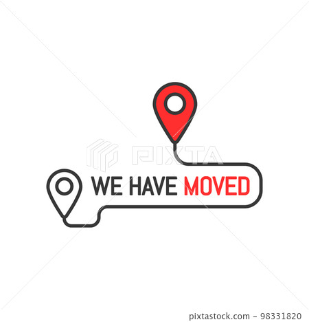 We have moved thin line sign or icon. Move announcement, local shop address change vector minimal symbol, business relocate message or outline icon with red and black map navigation pinpoint sign 98331820