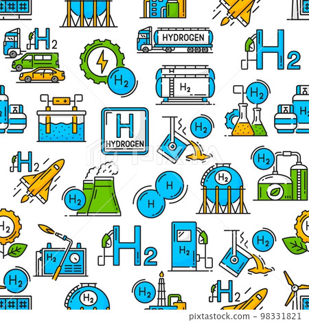 Hydrogen industrial seamless pattern, H2 green energy and eco power technology, vector background. Hydrogen in fuel industry, power plant or H2 production factory and renewable energy sources pattern Hydrogen industrial seamless pattern, H2 green energy and eco power technology, vector background. Hydrogen in fuel industry, power plant or H2 production factory and renewable energy sources pattern 98331821