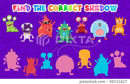 Find the correct shadow of cartoon monster characters. Kids matching game worksheet with cute aliens or mutant personages. Children educational riddle for logical mind and brain development Find the correct shadow of cartoon monster characters. Kids matching game worksheet with cute aliens or mutant personages. Children educational riddle for logical mind and brain development 98331827