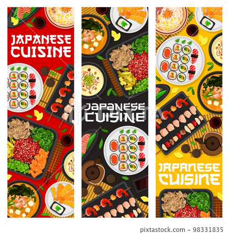 Japanese cuisine meals banners, Japan food and Asian dishes, vector restaurant menu. Japanese food dinner and lunch of miso soup, sushi and seafood kushiyaki and salmon sashimi and shrimp tempura Japanese cuisine meals banners, Japan food and Asian dishes, vector restaurant menu. Japanese food dinner and lunch of miso soup, sushi and seafood kushiyaki and salmon sashimi and shrimp tempura 98331835