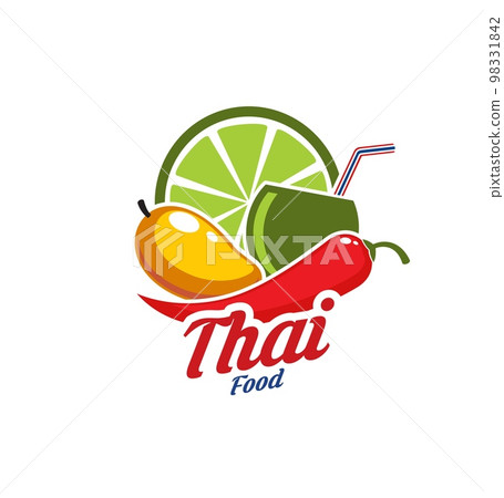Thai cuisine or Asian food icon, Thailand restaurant or bar menu vector emblem. Thai cuisine spices, lime and spicy pepper with mango and cocktail sign for Thailand kitchen or product store label 98331842