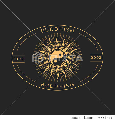 Buddhism religion sacred astrology or magic icon with Yin and Yang symbol and sun. Asian astrology or esoteric icon or tattoo. Buddhism philosophy or zodiac sign, sacred emblem or magic symbol 98331843