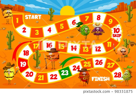 Kids step board game, Western cartoon cowboy, bandit and ranger fruit characters vector worksheet. Puzzle quiz of Wild West desert map with path and funny berry personages, orange, melon, fig cowboys 98331875