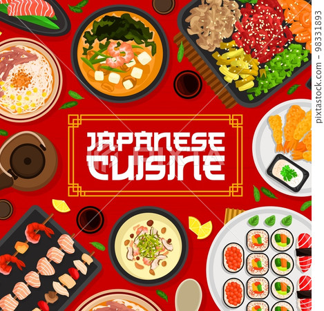 Japanese cuisine menu cover design, Japan dishes and Asian food, vector. Japanese cuisine restaurant menu with sushi, nigiri maki and gunkan, seafood kushiyaki and salmon sashimi with miso soup Japanese cuisine menu cover design, Japan dishes and Asian food, vector. Japanese cuisine restaurant menu with sushi, nigiri maki and gunkan, seafood kushiyaki and salmon sashimi with miso soup 98331893