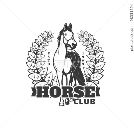 Equestrian sport club icon. Horse ridding competition or derby monochrome vector retro symbol, horseback equestrian hippodrome race vintage emblem with courser or steed horse and laurel wreath 98331894