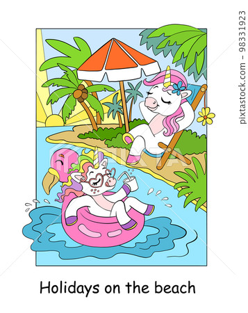 Cute cartoon unicorns on a beach vector illustration Cute cartoon unicorns on a beach vector illustration 98331923