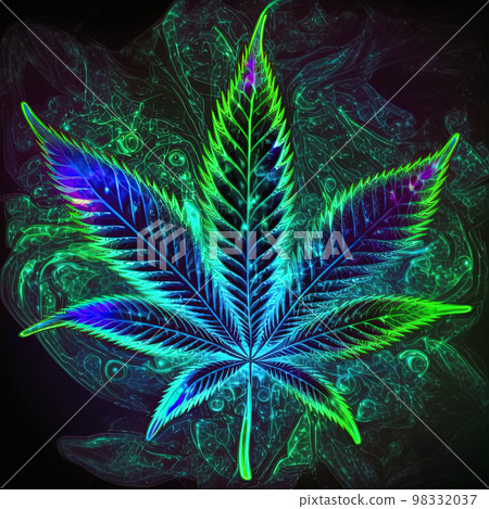 Psychedelic cannabis leaf on dark background. Glowing medical marijuana concept. Generative AI. Not based on any actual scene 98332037