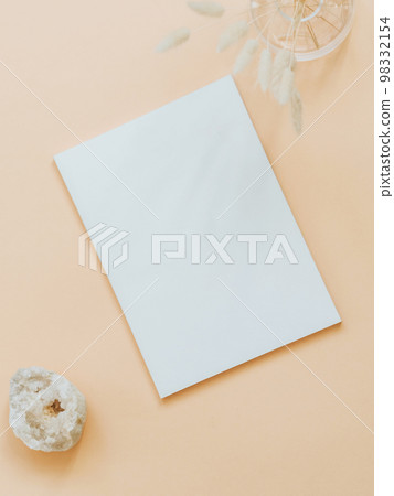 Empty blank white magazine or catalog cover layout, vase and dried grass and white crystal 98332154
