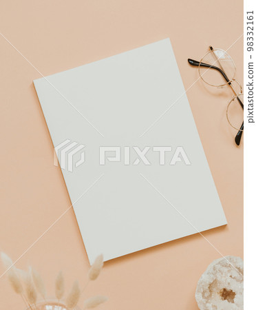 Empty blank white magazine or catalog cover layout, vase, glasses and white crystal 98332161