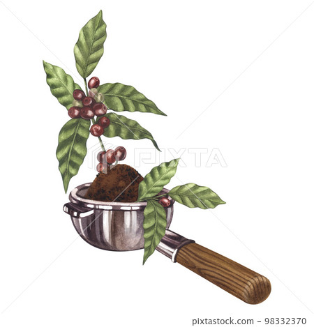 Watercolor coffee portafilter and red arabica beans on branch with berries. Hand-drawn illustration isolated on white background. Perfect food menu, concept for cafe, restaurant element, cooking Watercolor coffee portafilter and red arabica beans on branch with berries. Hand-drawn illustration isolated on white background. Perfect food menu, concept for cafe, restaurant element, cooking 98332370