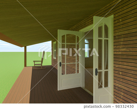 建在藍天草原上的小房子的露台和入口門插圖 建在藍天草原上的小房子的露台和入口門插圖 98332430