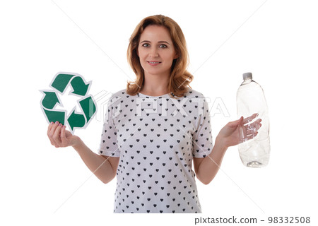 eco living and environment concept - smiling caucasian woman holding recycling symbol and empty a, isolated over white background eco living and environment concept - smiling caucasian woman holding recycling symbol and empty a, isolated over white background 98332508