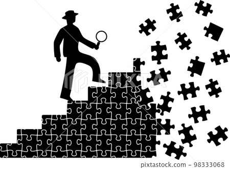 Silhouette of man with magnifying glass climbing stairs of broken puzzle pieces Silhouette of man with magnifying glass climbing stairs of broken puzzle pieces 98333068