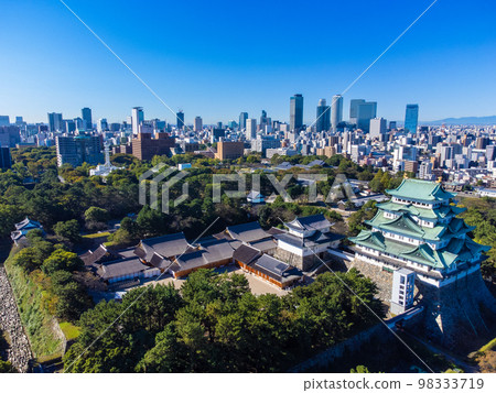 October Aichi: Nagoya Castle, Tenshukaku, Honmaru Palace, and skyscrapers around Nagoya Station 98333719
