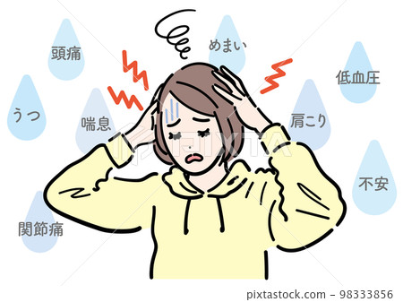 A woman suffering from a headache due to weather disease A woman suffering from a headache due to weather disease 98333856
