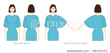 Circle sleeves elbow length clothes character beautiful lady in blue top, shirt, dress technical fashion illustration 98334331