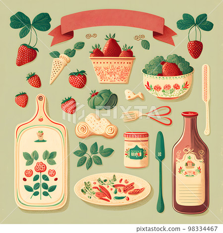 Illustration "AI generated image" depicting strawberries and kitchen utensils / tableware Illustration "AI generated image" depicting strawberries and kitchen utensils / tableware 98334467