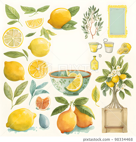Illustration "AI generated image" depicting lemons and kitchen utensils / tableware 98334468