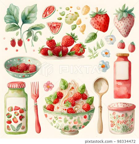 Illustration "AI generated image" depicting strawberries and kitchen utensils / tableware 98334472