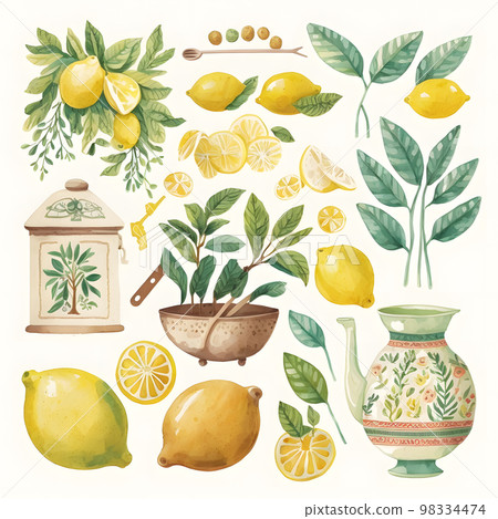 Illustration "AI generated image" depicting lemons and kitchen utensils / tableware Illustration "AI generated image" depicting lemons and kitchen utensils / tableware 98334474