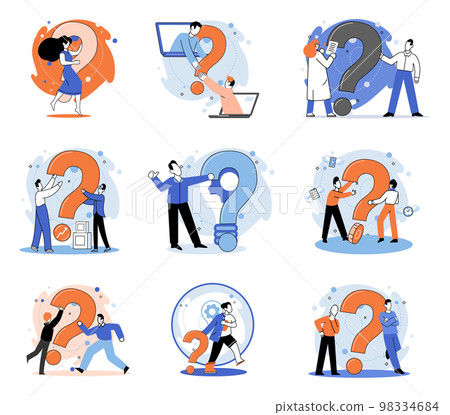 Question mark, obtaining information of interest. FAQ help. Problem and solution concept metaphor. Choice or answer 98334684