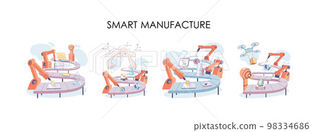 Manufacturing process at automated production industry. Scientist creates robot. Smart industry Manufacturing process at automated production industry. Scientist creates robot. Smart industry 98334686