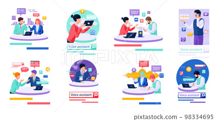 Voice assistant. Smart speaker virtual assistant, sound robot, people using voice controlled smart speaker 98334695