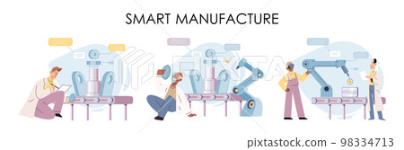 Manufacturing process at automated production industry. Scientist creates robot. Smart industry Manufacturing process at automated production industry. Scientist creates robot. Smart industry 98334713